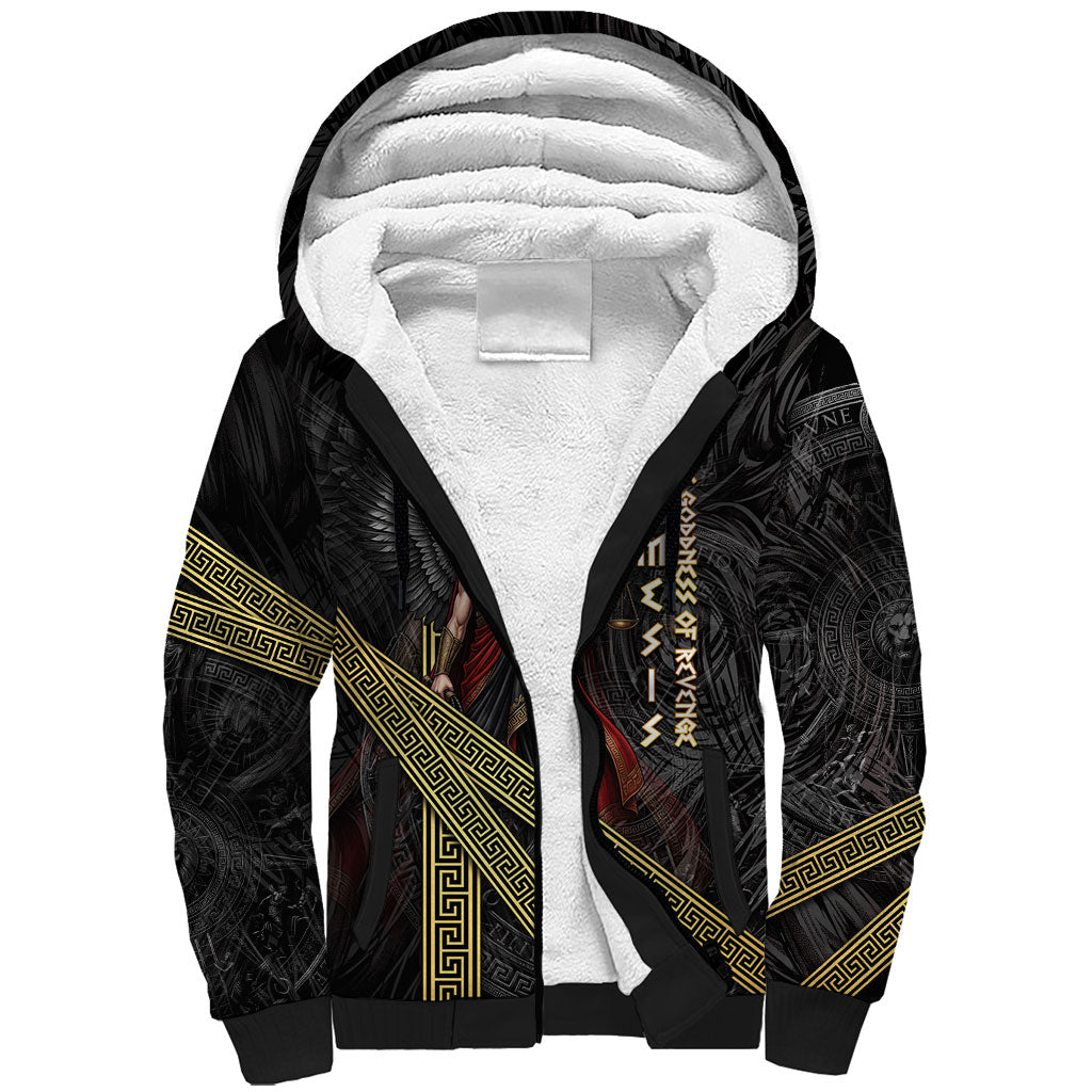 Nemesis Goddess Of Revenge Sherpa Hoodie Winged Nemesis Scales Of Justice - Gold Greek Key