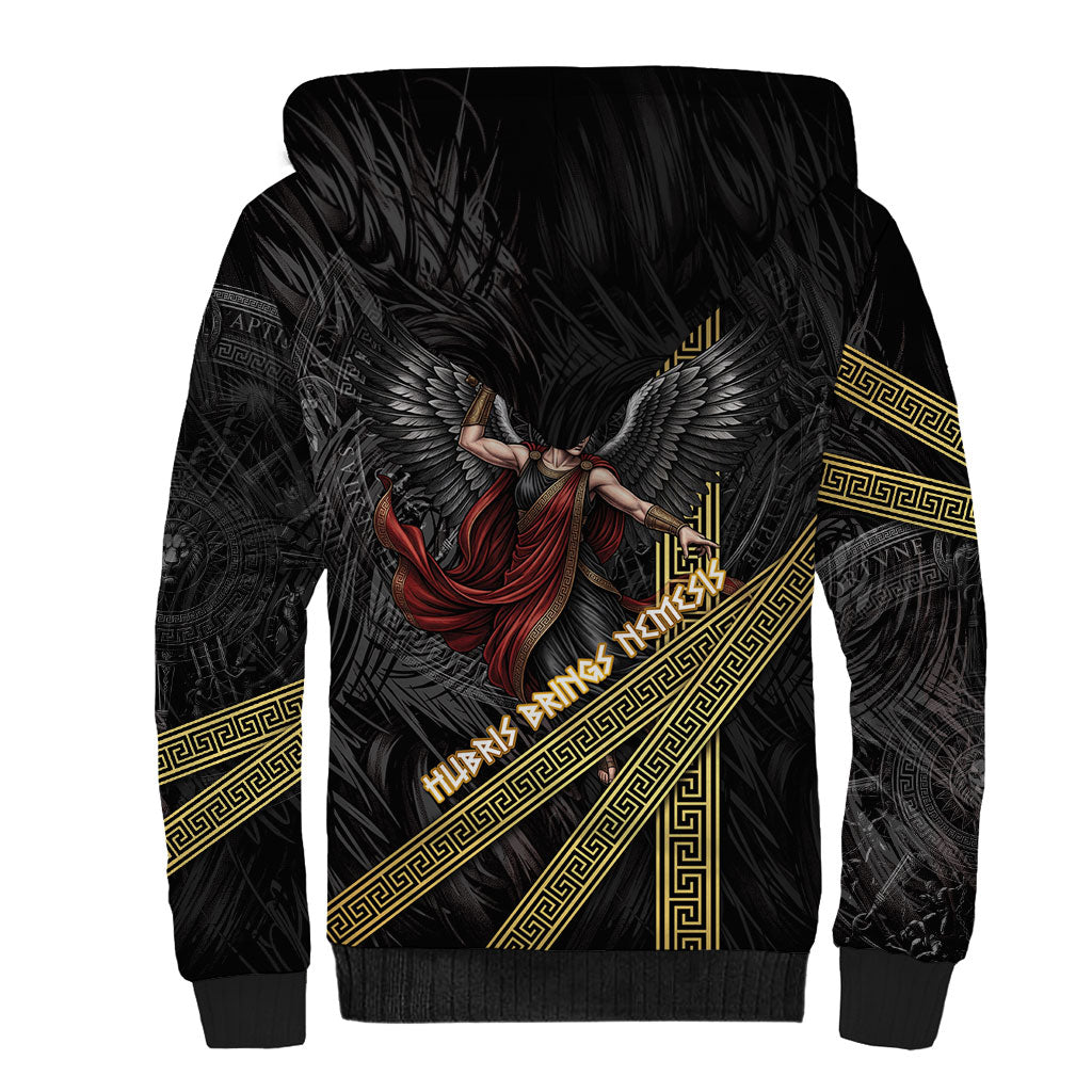 Nemesis Goddess Of Revenge Sherpa Hoodie Winged Nemesis Scales Of Justice - Gold Greek Key