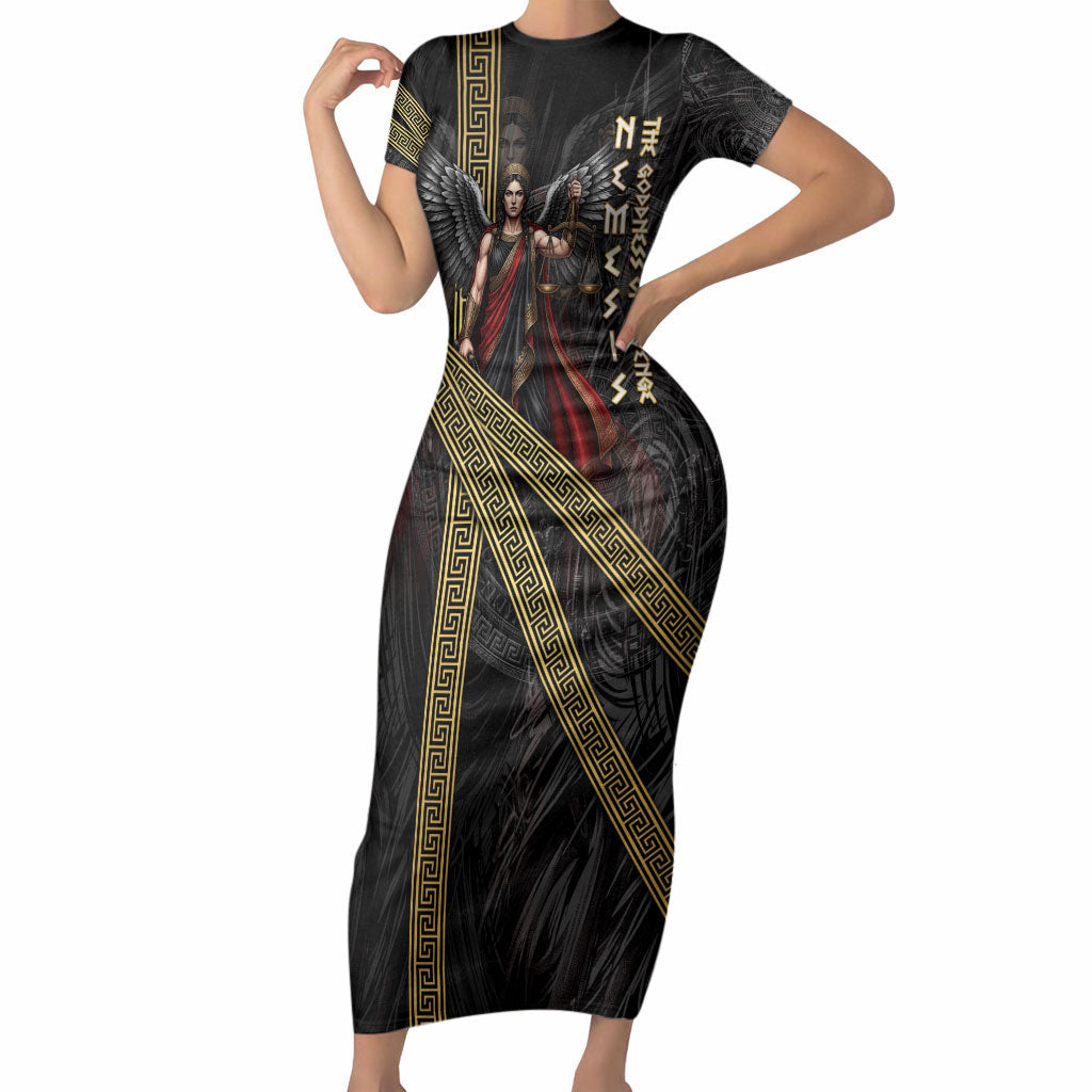 Nemesis Goddess Of Revenge Short Sleeve Bodycon Dress Winged Nemesis Scales Of Justice - Gold Greek Key
