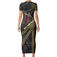 Nemesis Goddess Of Revenge Short Sleeve Bodycon Dress Winged Nemesis Scales Of Justice - Gold Greek Key