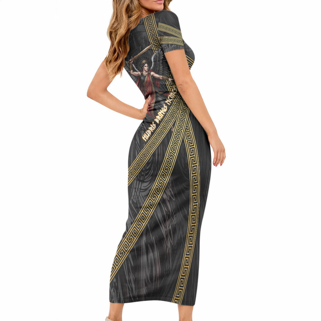Nemesis Goddess Of Revenge Short Sleeve Bodycon Dress Winged Nemesis Scales Of Justice - Gold Greek Key