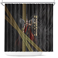 Nemesis Goddess Of Revenge Shower Curtain Winged Nemesis Scales Of Justice - Gold Greek Key