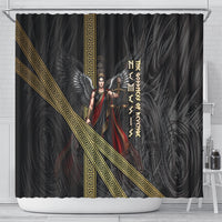 Nemesis Goddess Of Revenge Shower Curtain Winged Nemesis Scales Of Justice - Gold Greek Key