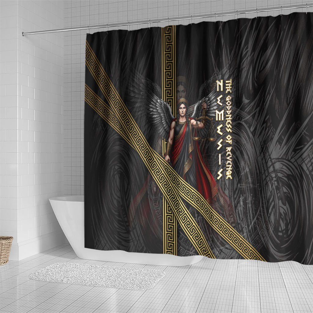 Nemesis Goddess Of Revenge Shower Curtain Winged Nemesis Scales Of Justice - Gold Greek Key