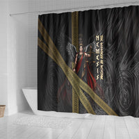 Nemesis Goddess Of Revenge Shower Curtain Winged Nemesis Scales Of Justice - Gold Greek Key
