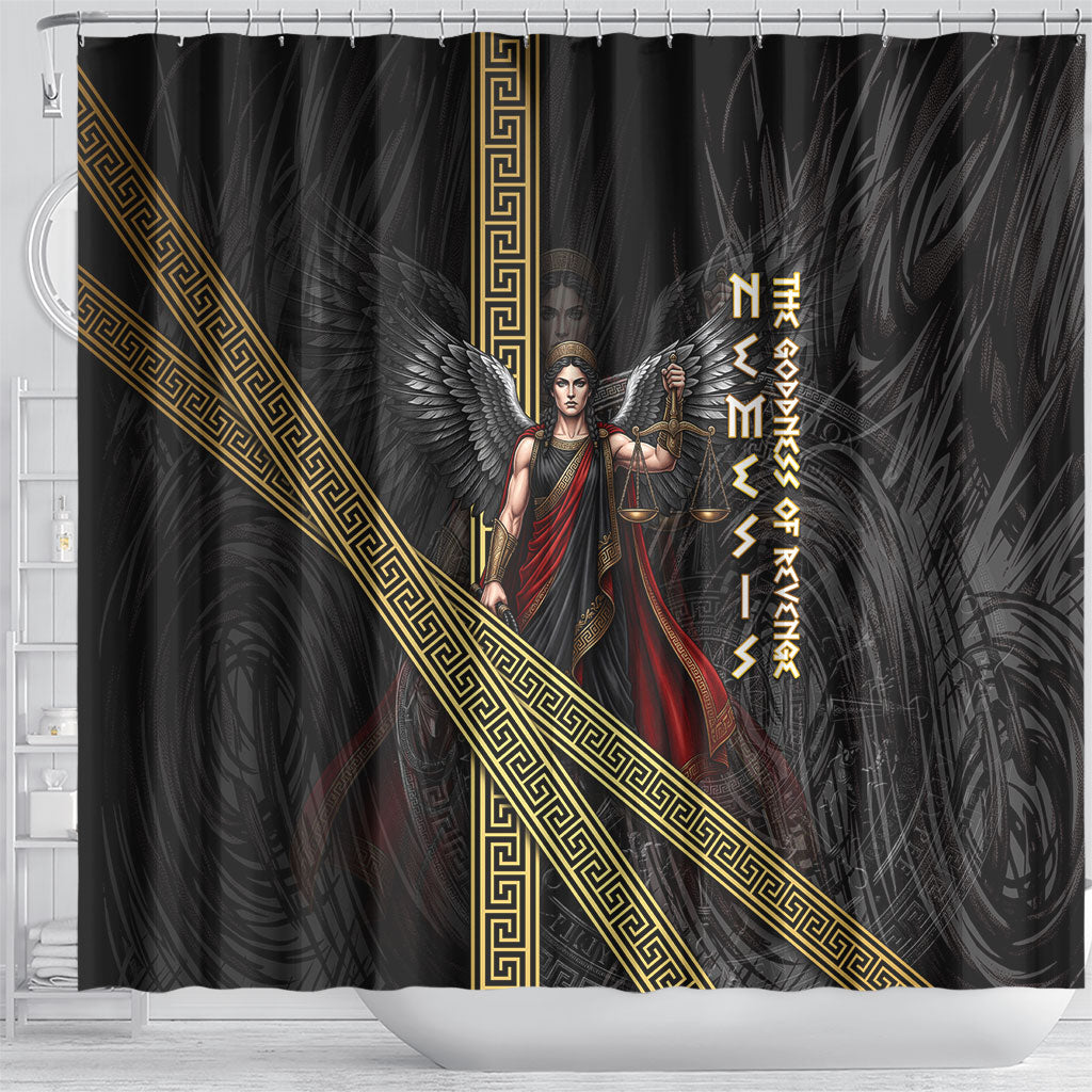 Nemesis Goddess Of Revenge Shower Curtain Winged Nemesis Scales Of Justice - Gold Greek Key