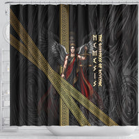 Nemesis Goddess Of Revenge Shower Curtain Winged Nemesis Scales Of Justice - Gold Greek Key