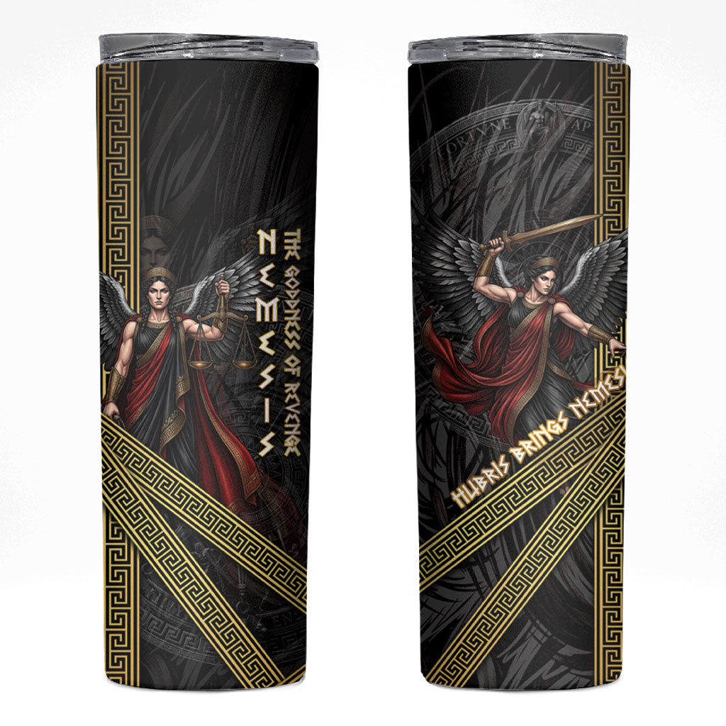 Nemesis Goddess Of Revenge Skinny Tumbler Winged Nemesis Scales Of Justice - Gold Greek Key