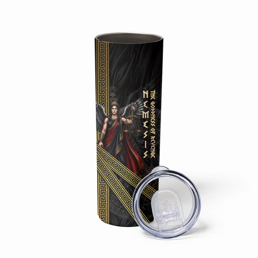 Nemesis Goddess Of Revenge Skinny Tumbler Winged Nemesis Scales Of Justice - Gold Greek Key