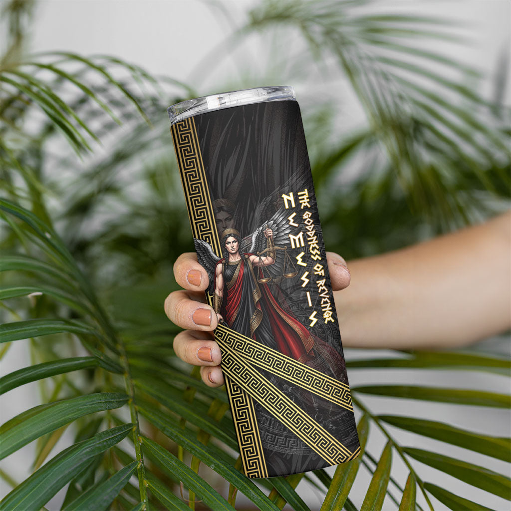 Nemesis Goddess Of Revenge Skinny Tumbler Winged Nemesis Scales Of Justice - Gold Greek Key