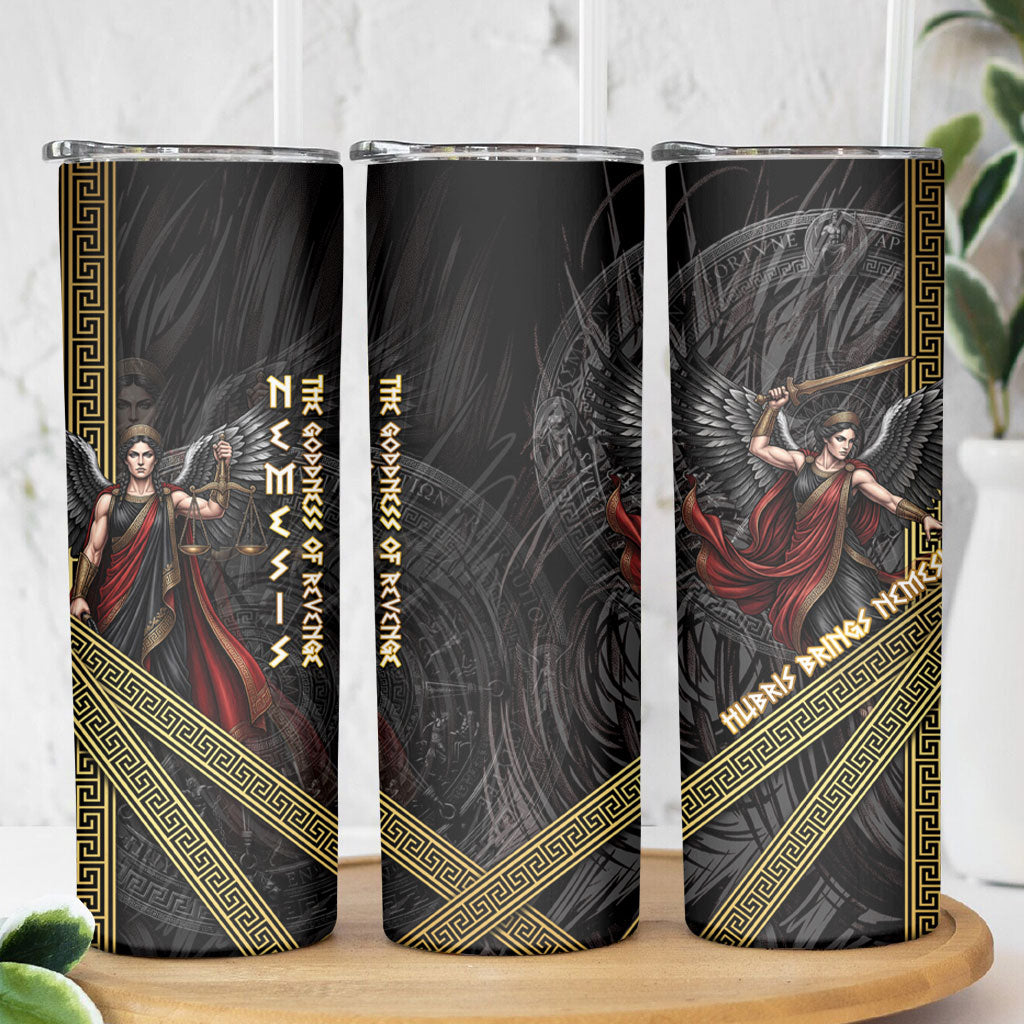 Nemesis Goddess Of Revenge Skinny Tumbler Winged Nemesis Scales Of Justice - Gold Greek Key