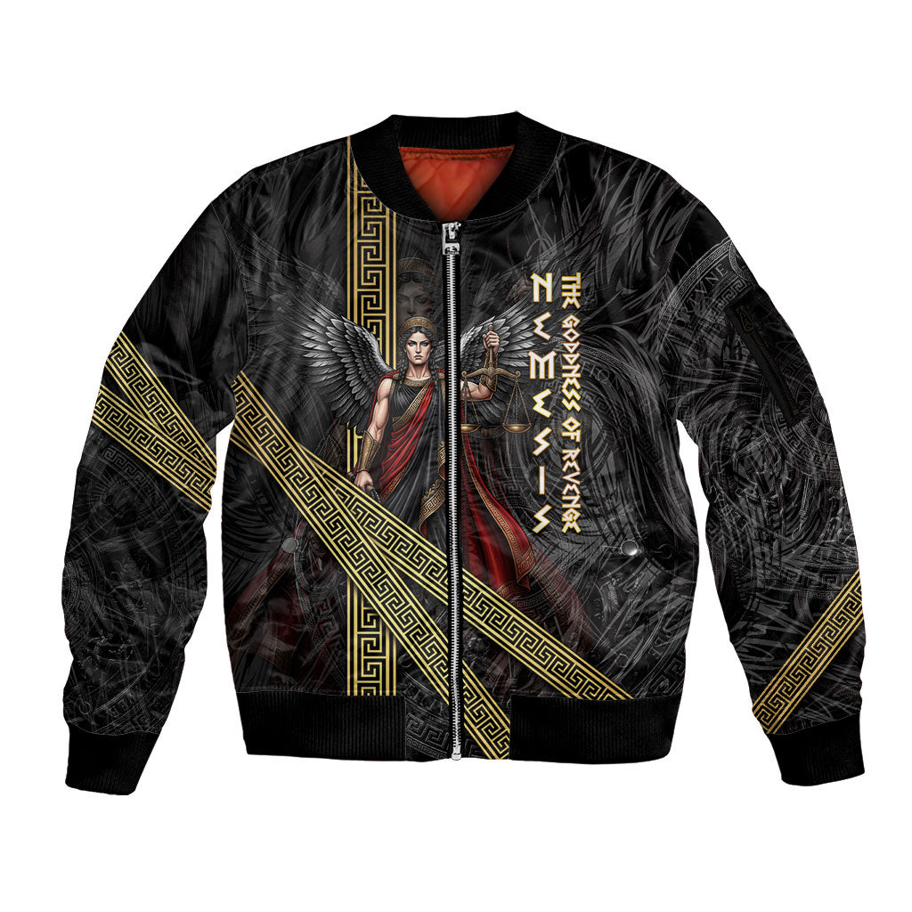 Nemesis Goddess Of Revenge Sleeve Zip Bomber Jacket Winged Nemesis Scales Of Justice - Gold Greek Key
