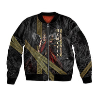 Nemesis Goddess Of Revenge Sleeve Zip Bomber Jacket Winged Nemesis Scales Of Justice - Gold Greek Key
