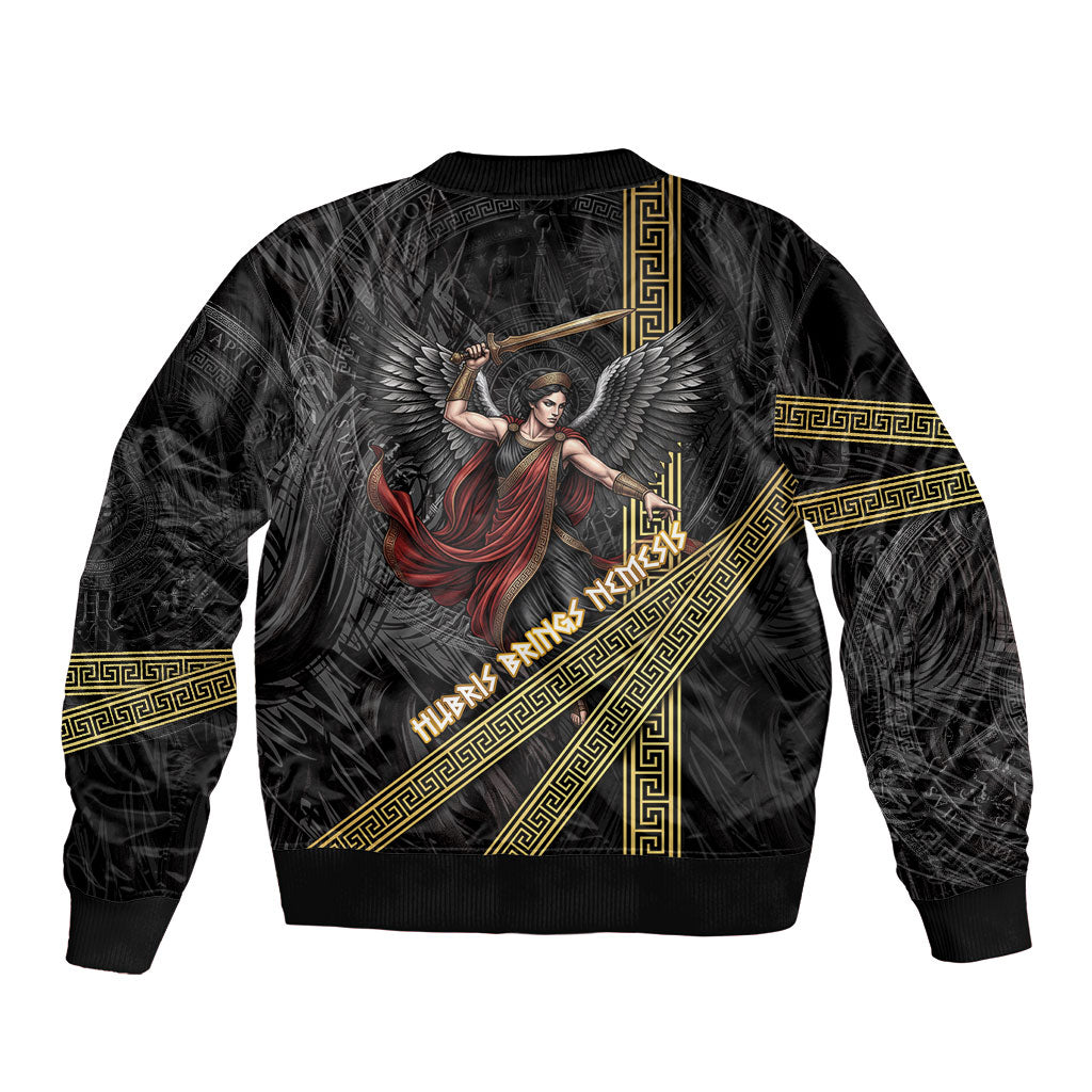 Nemesis Goddess Of Revenge Sleeve Zip Bomber Jacket Winged Nemesis Scales Of Justice - Gold Greek Key