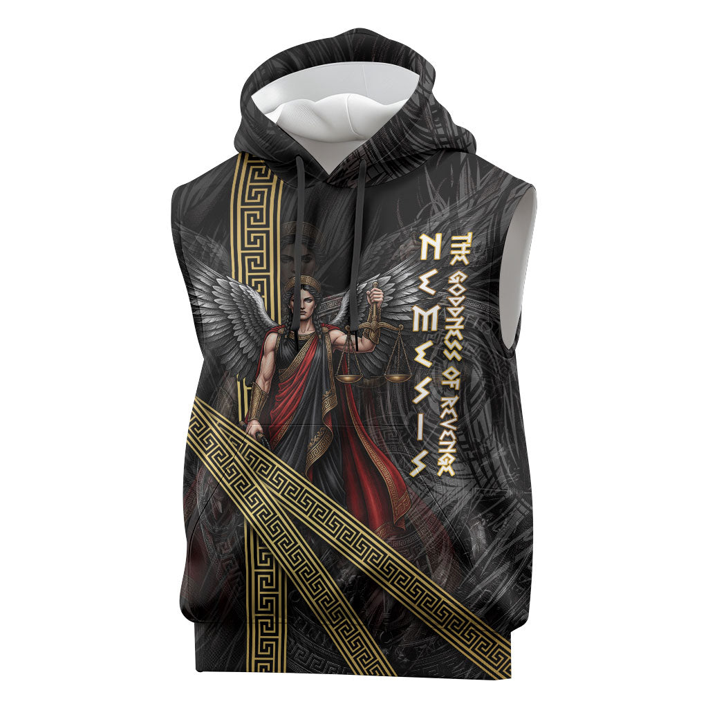 Nemesis Goddess Of Revenge Sleeveless Hoodie Winged Nemesis Scales Of Justice - Gold Greek Key