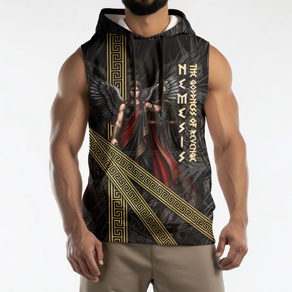 Nemesis Goddess Of Revenge Sleeveless Hoodie Winged Nemesis Scales Of Justice - Gold Greek Key