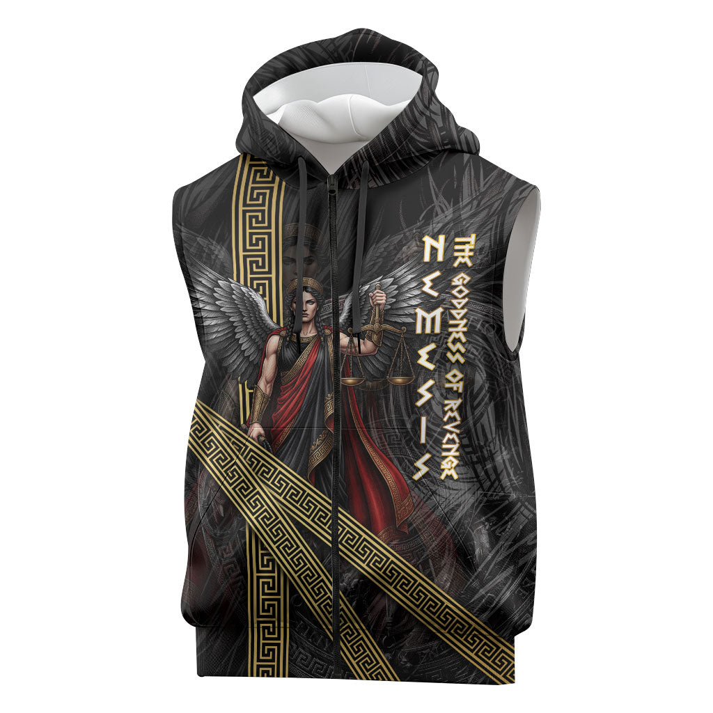Nemesis Goddess Of Revenge Sleeveless Zip Hoodie Winged Nemesis Scales Of Justice - Gold Greek Key
