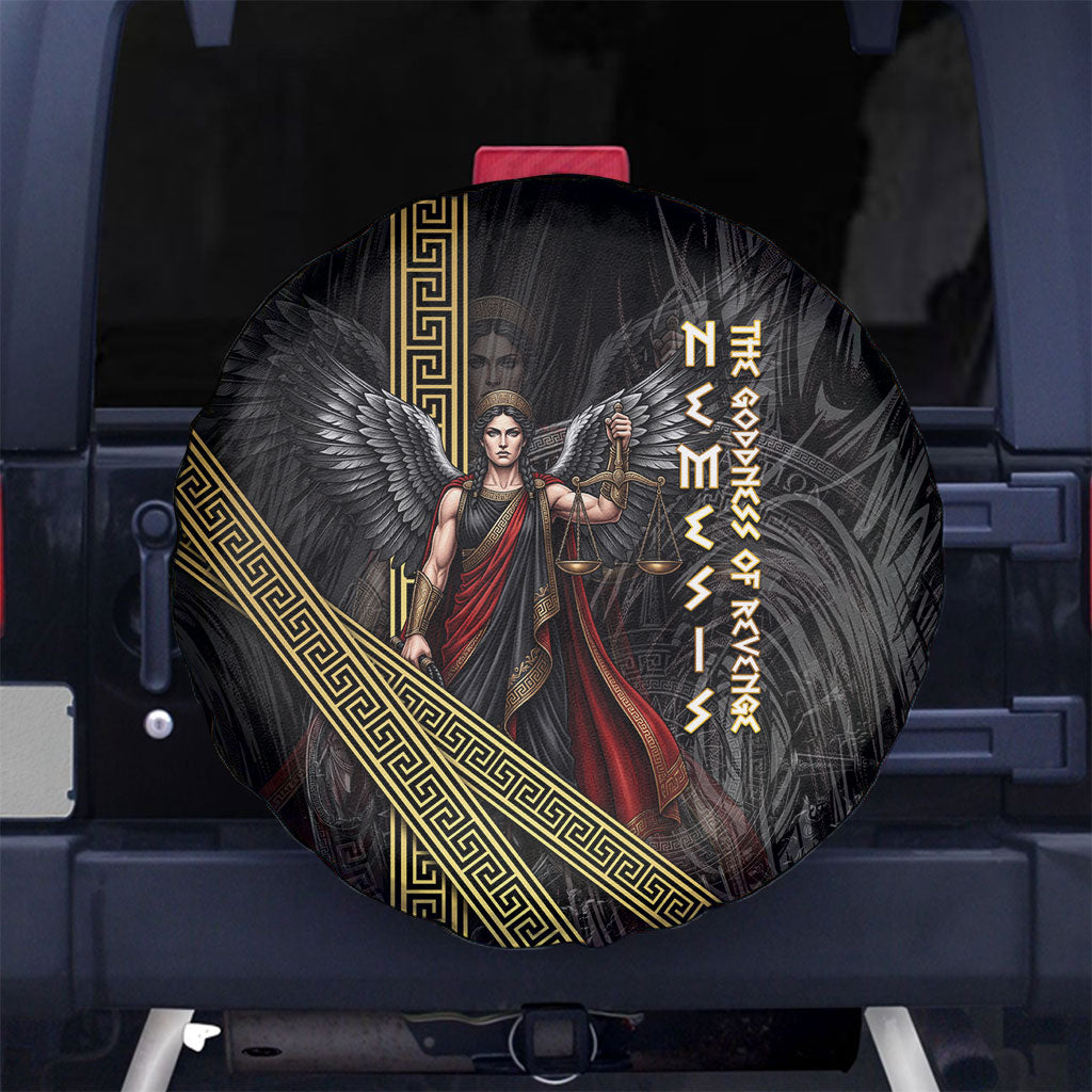 Nemesis Goddess Of Revenge Spare Tire Cover Winged Nemesis Scales Of Justice - Gold Greek Key