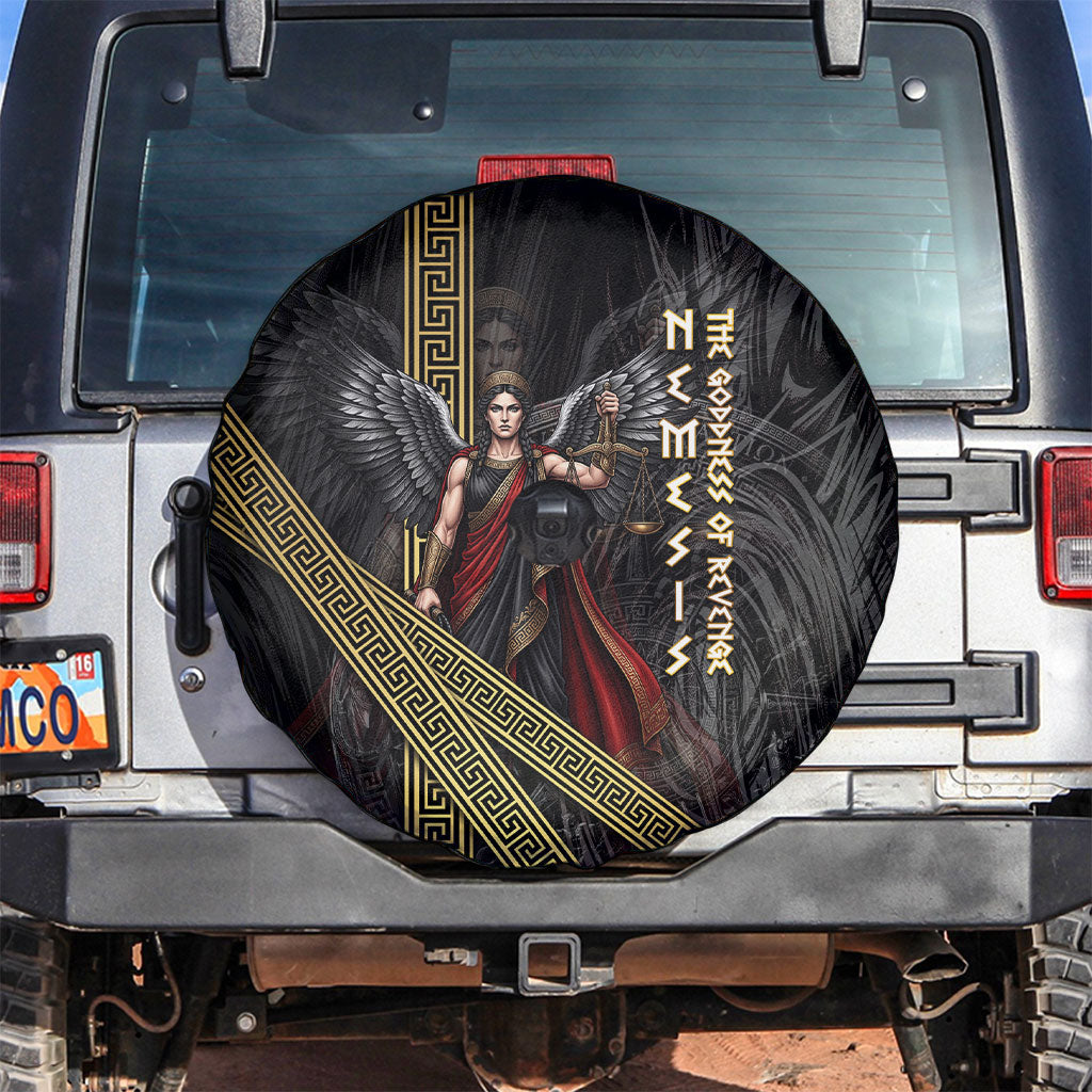 Nemesis Goddess Of Revenge Spare Tire Cover Winged Nemesis Scales Of Justice - Gold Greek Key