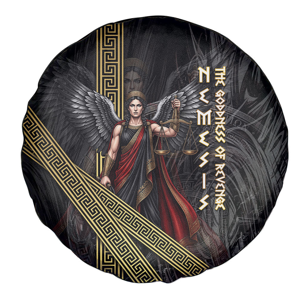 Nemesis Goddess Of Revenge Spare Tire Cover Winged Nemesis Scales Of Justice - Gold Greek Key