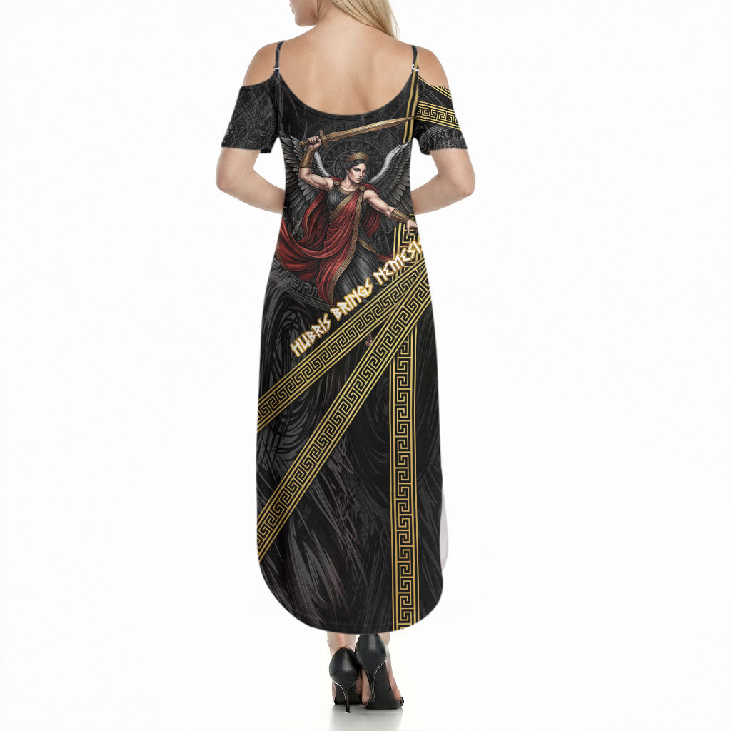 Nemesis Goddess Of Revenge Summer Maxi Dress Winged Nemesis Scales Of Justice - Gold Greek Key