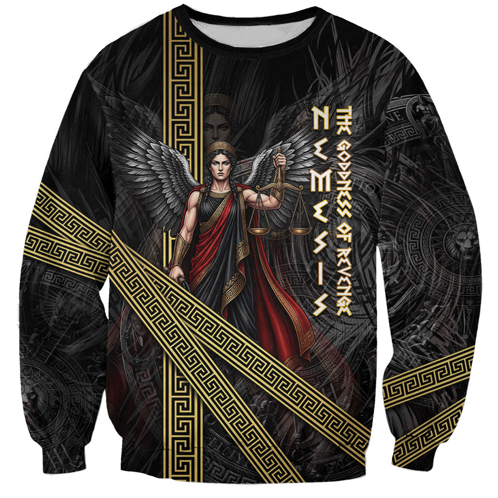 Nemesis Goddess Of Revenge Sweatshirt Winged Nemesis Scales Of Justice - Gold Greek Key