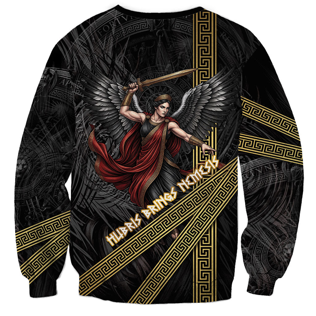 Nemesis Goddess Of Revenge Sweatshirt Winged Nemesis Scales Of Justice - Gold Greek Key