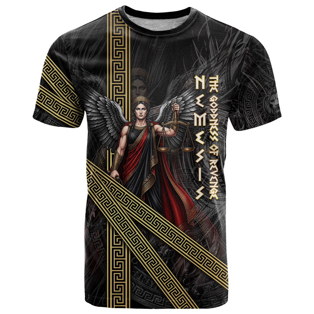 Nemesis Goddess Of Revenge T Shirt Winged Nemesis Scales Of Justice - Gold Greek Key
