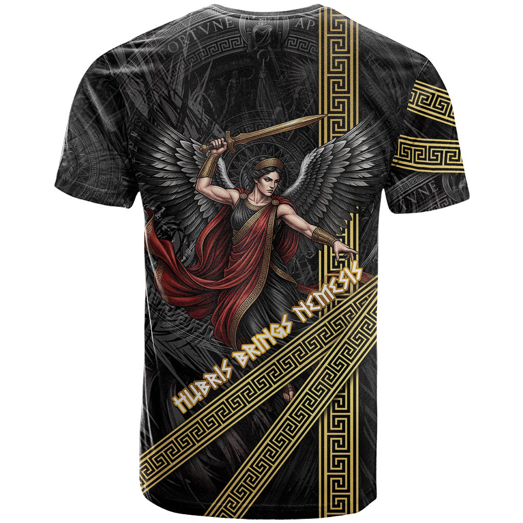 Nemesis Goddess Of Revenge T Shirt Winged Nemesis Scales Of Justice - Gold Greek Key