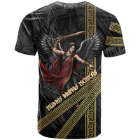 Nemesis Goddess Of Revenge T Shirt Winged Nemesis Scales Of Justice - Gold Greek Key