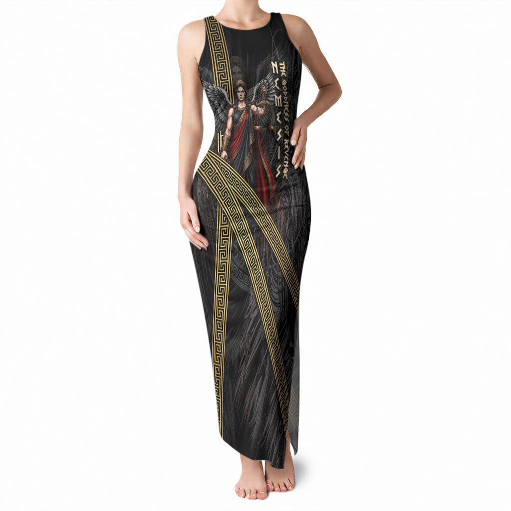 Nemesis Goddess Of Revenge Tank Maxi Dress Winged Nemesis Scales Of Justice - Gold Greek Key