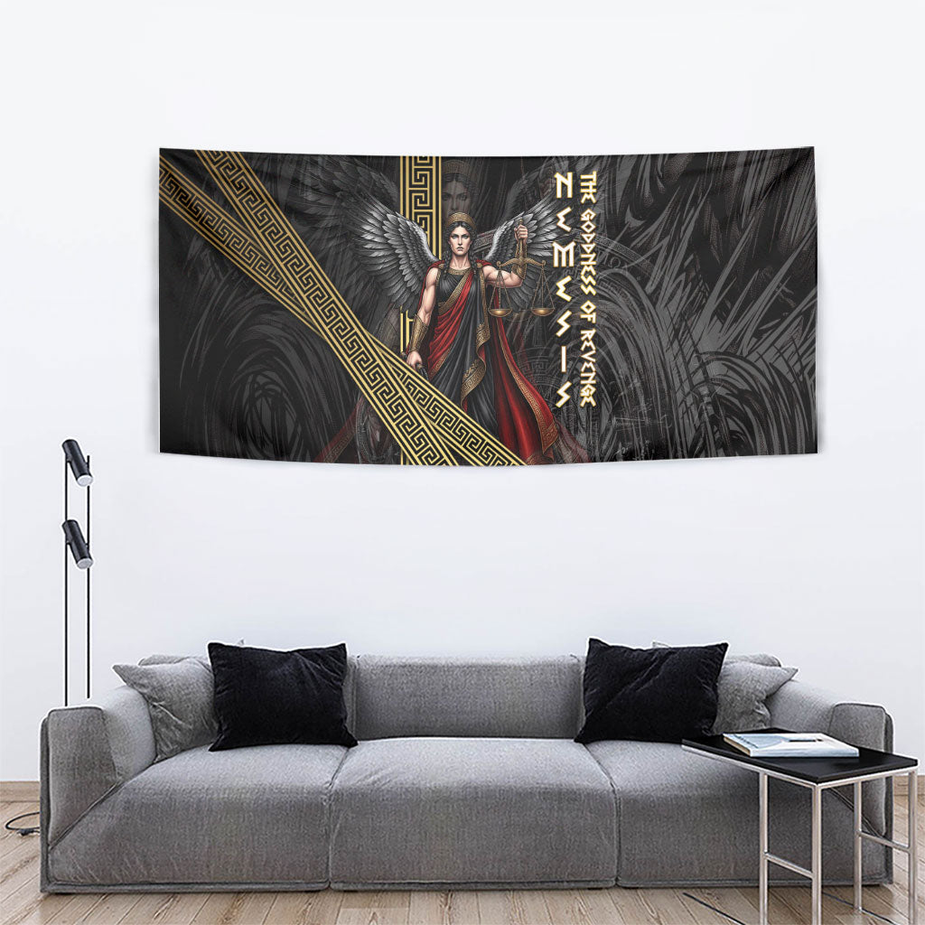 Nemesis Goddess Of Revenge Tapestry Winged Nemesis Scales Of Justice - Gold Greek Key