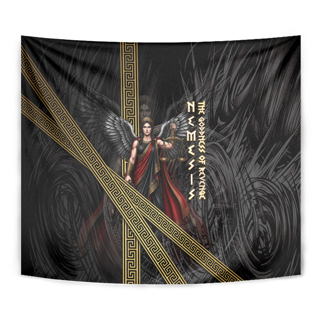 Nemesis Goddess Of Revenge Tapestry Winged Nemesis Scales Of Justice - Gold Greek Key