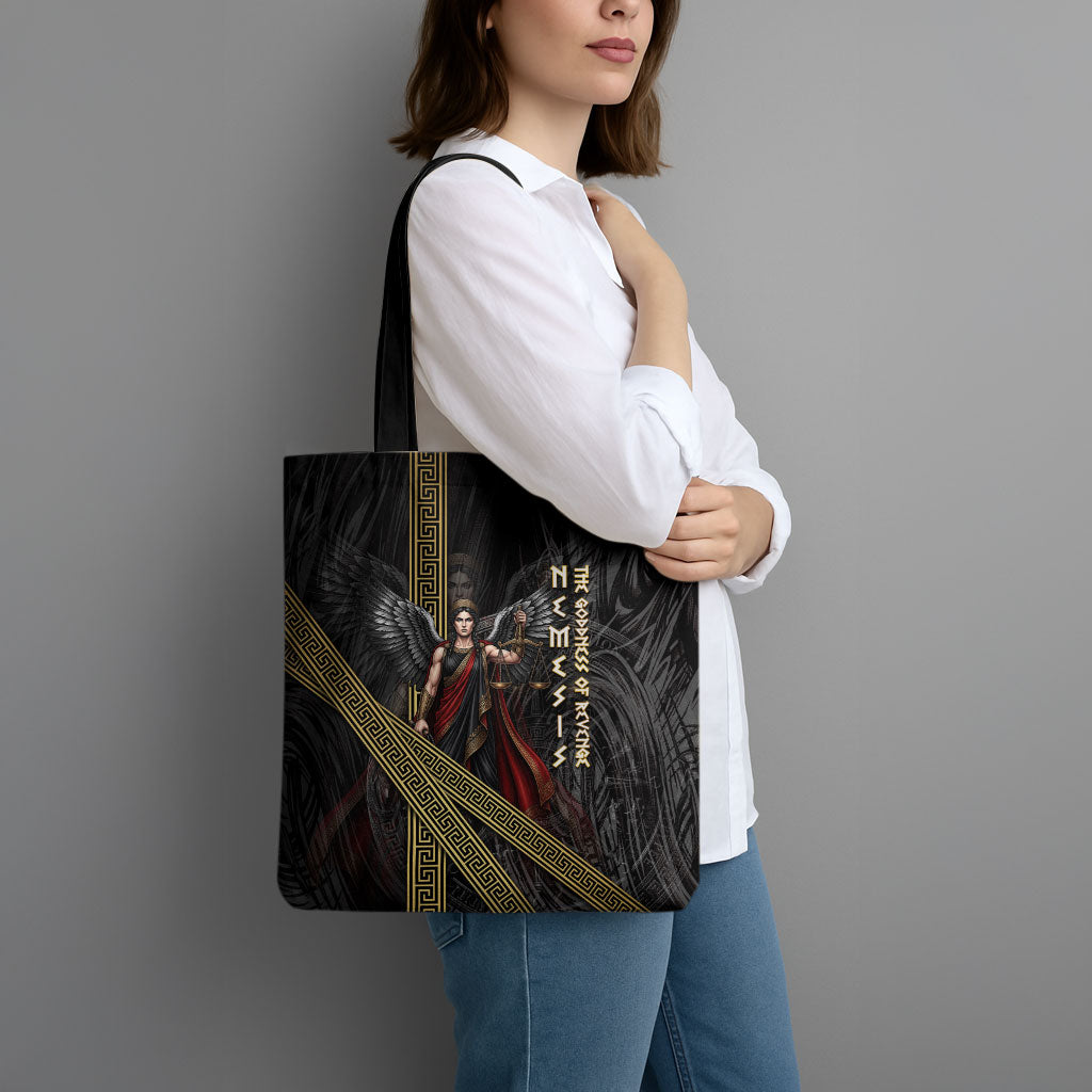 Nemesis Goddess Of Revenge Tote Bag Winged Nemesis Scales Of Justice - Gold Greek Key