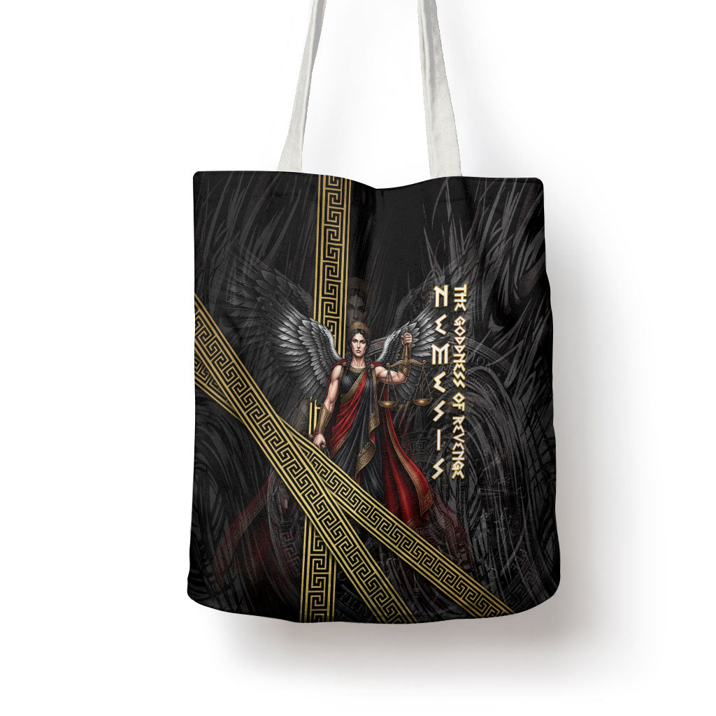 Nemesis Goddess Of Revenge Tote Bag Winged Nemesis Scales Of Justice - Gold Greek Key
