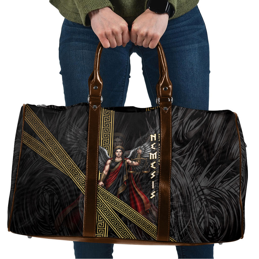 Nemesis Goddess Of Revenge Travel Bag Winged Nemesis Scales Of Justice - Gold Greek Key