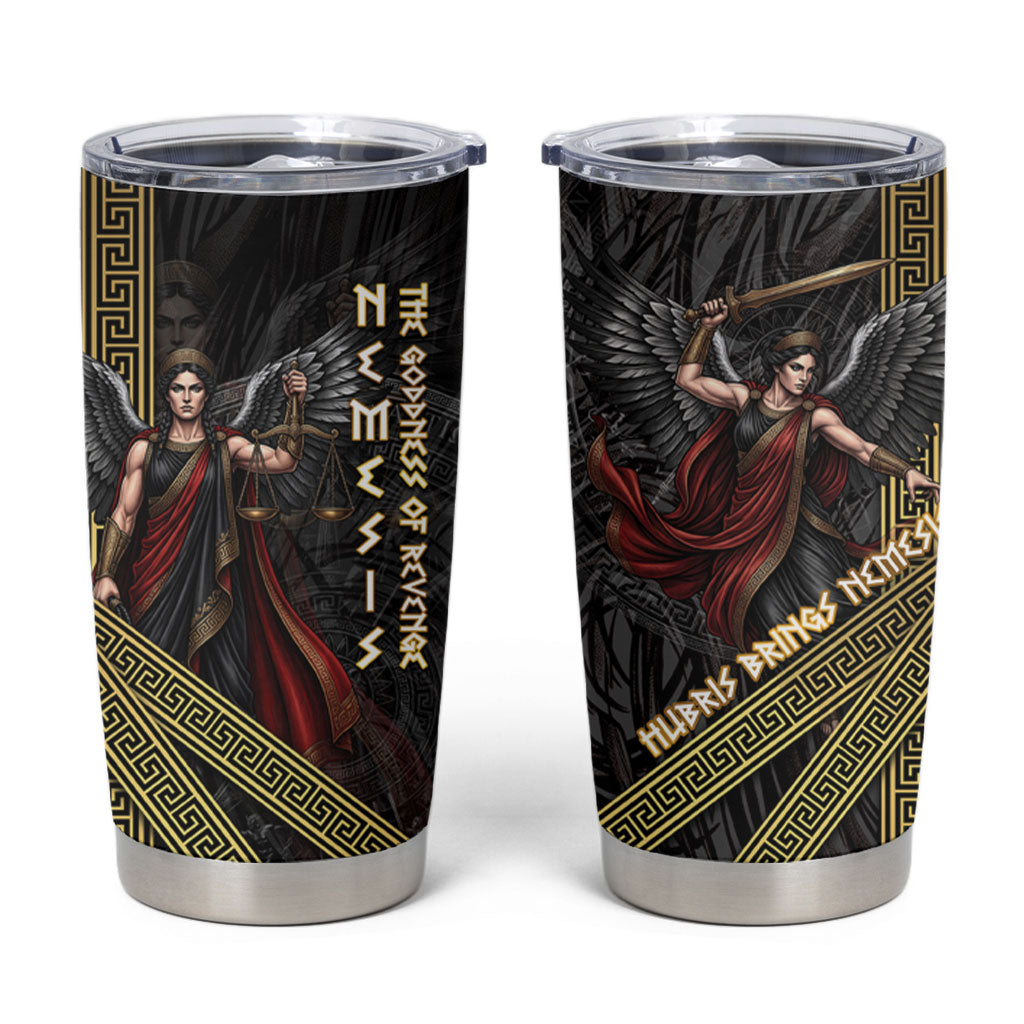 Nemesis Goddess Of Revenge Tumbler Cup Winged Nemesis Scales Of Justice - Gold Greek Key