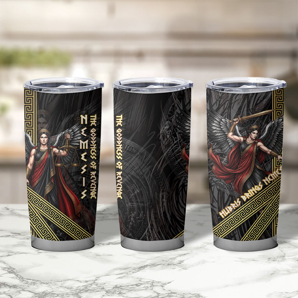Nemesis Goddess Of Revenge Tumbler Cup Winged Nemesis Scales Of Justice - Gold Greek Key