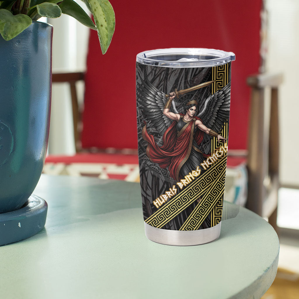 Nemesis Goddess Of Revenge Tumbler Cup Winged Nemesis Scales Of Justice - Gold Greek Key