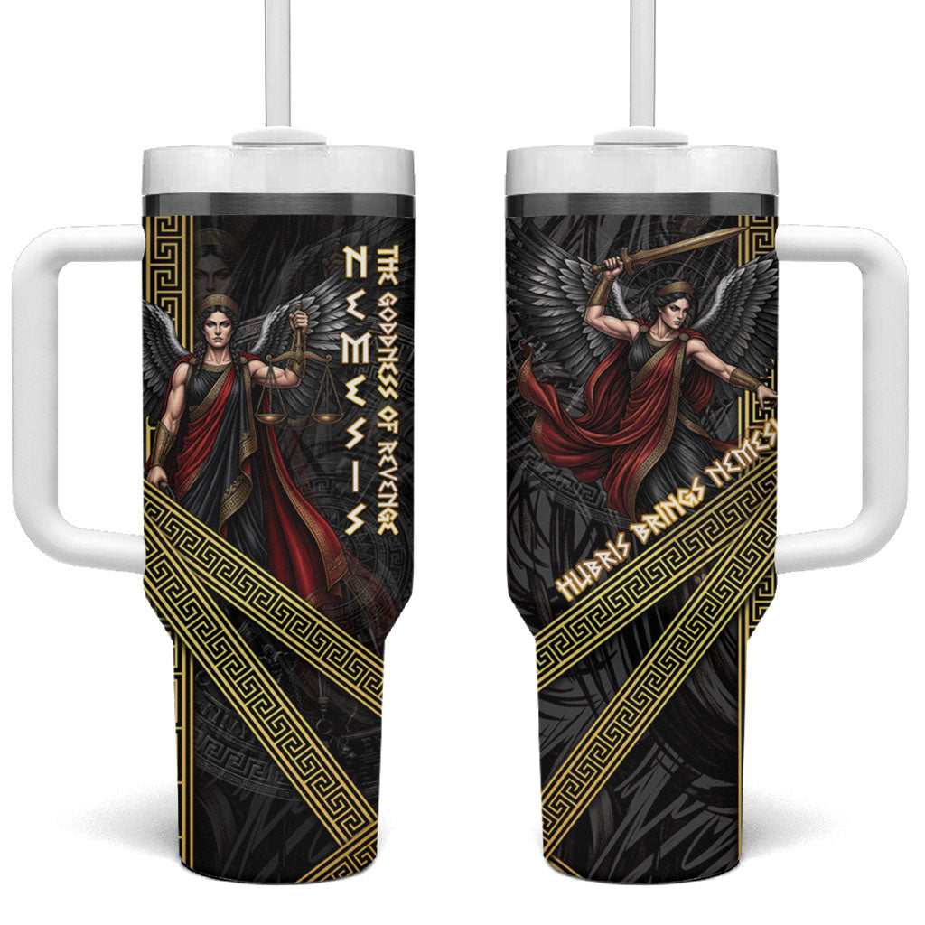 Nemesis Goddess Of Revenge Tumbler With Handle Winged Nemesis Scales Of Justice - Gold Greek Key