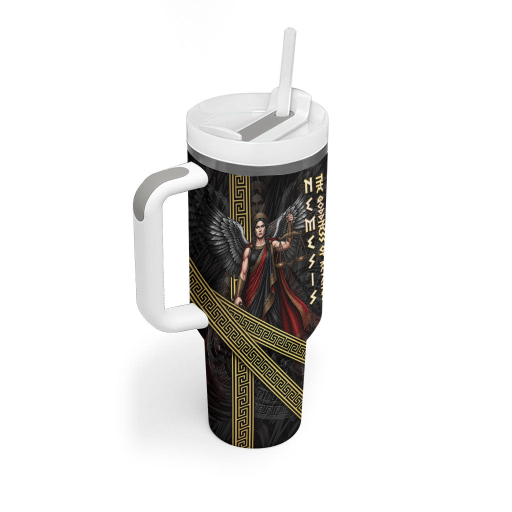 Nemesis Goddess Of Revenge Tumbler With Handle Winged Nemesis Scales Of Justice - Gold Greek Key
