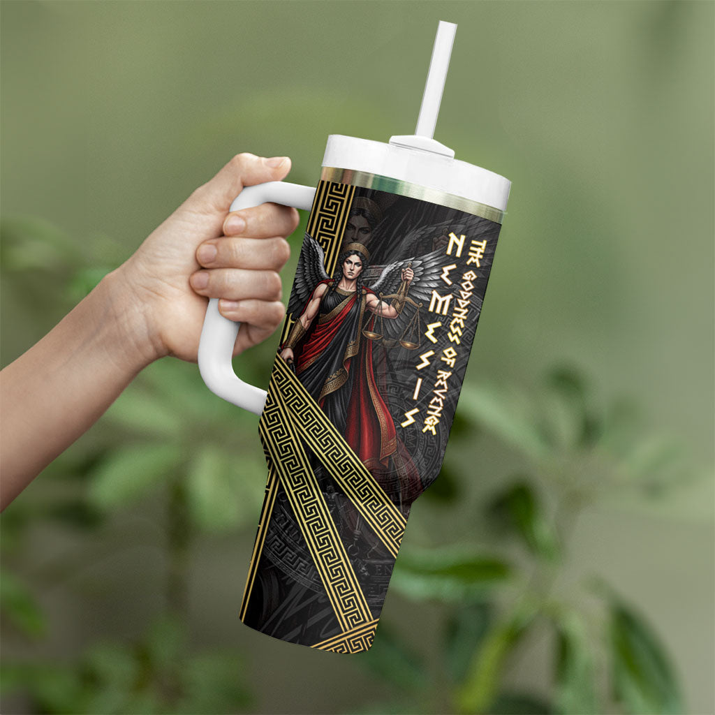 Nemesis Goddess Of Revenge Tumbler With Handle Winged Nemesis Scales Of Justice - Gold Greek Key