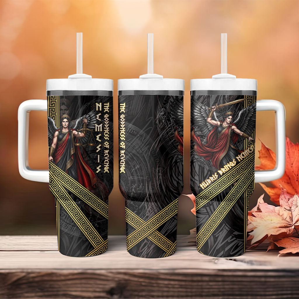 Nemesis Goddess Of Revenge Tumbler With Handle Winged Nemesis Scales Of Justice - Gold Greek Key