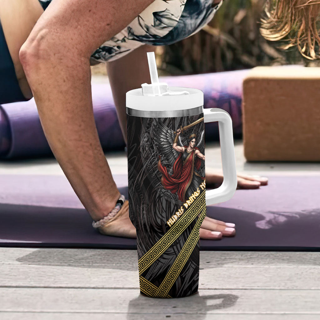 Nemesis Goddess Of Revenge Tumbler With Handle Winged Nemesis Scales Of Justice - Gold Greek Key