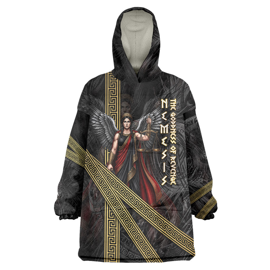 Nemesis Goddess Of Revenge Wearable Blanket Hoodie Winged Nemesis Scales Of Justice - Gold Greek Key