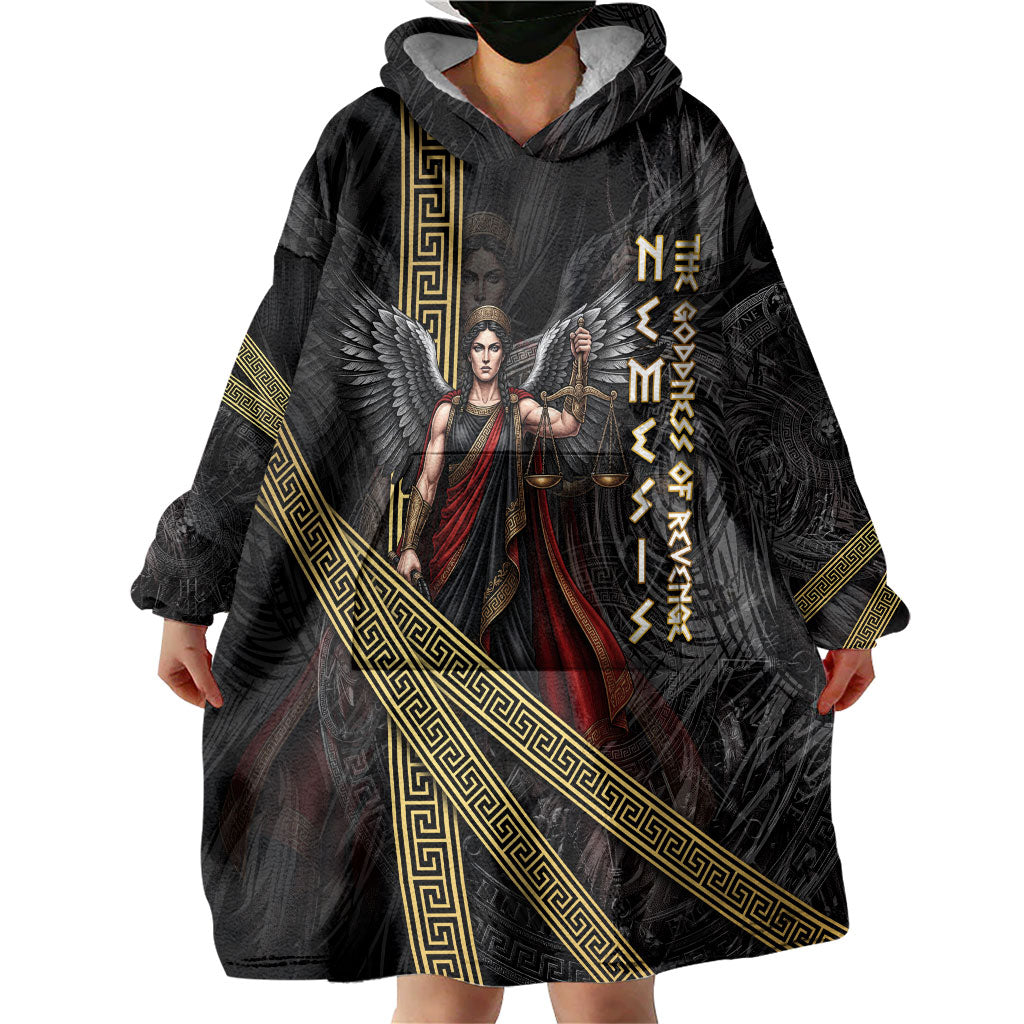 Nemesis Goddess Of Revenge Wearable Blanket Hoodie Winged Nemesis Scales Of Justice - Gold Greek Key