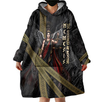 Nemesis Goddess Of Revenge Wearable Blanket Hoodie Winged Nemesis Scales Of Justice - Gold Greek Key