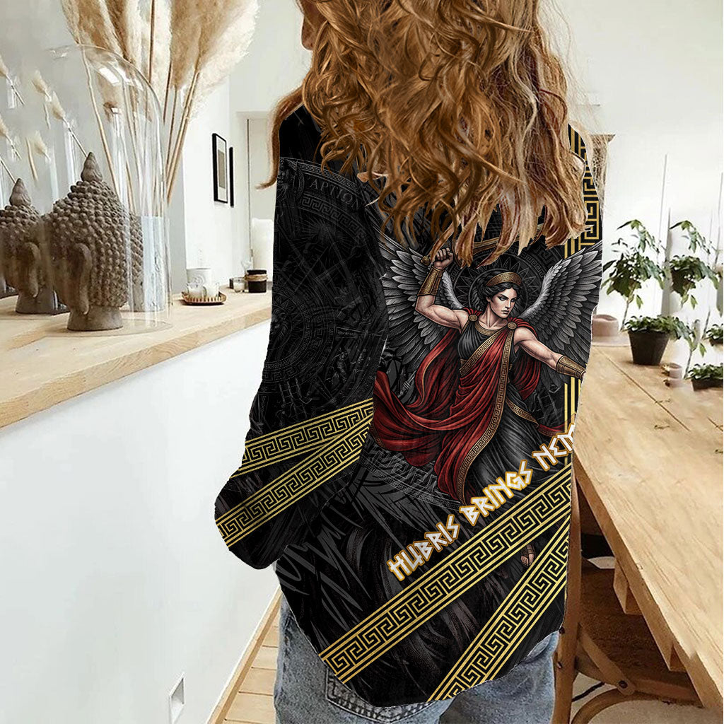 Nemesis Goddess Of Revenge Women Casual Shirt Winged Nemesis Scales Of Justice - Gold Greek Key