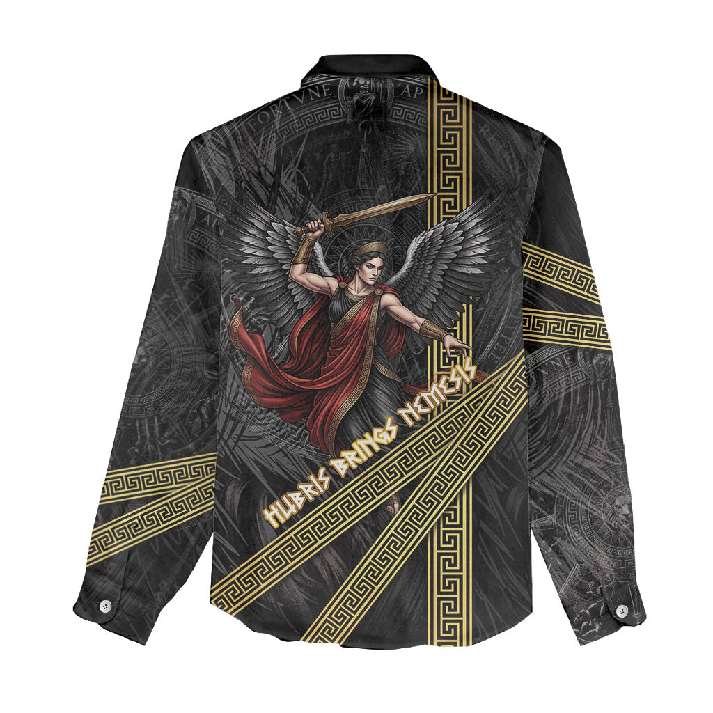 Nemesis Goddess Of Revenge Women Casual Shirt Winged Nemesis Scales Of Justice - Gold Greek Key