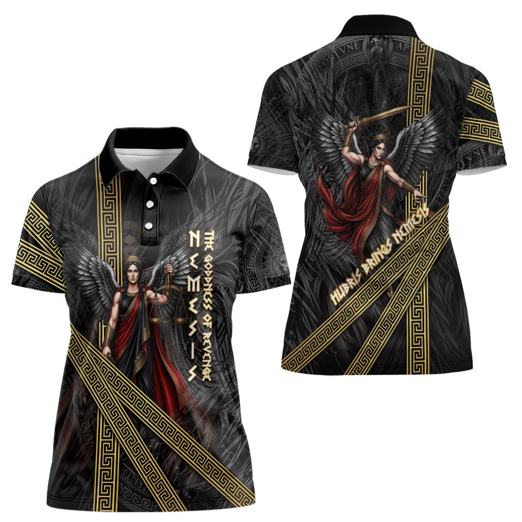 Nemesis Goddess Of Revenge Women Polo Shirt Winged Nemesis Scales Of Justice - Gold Greek Key